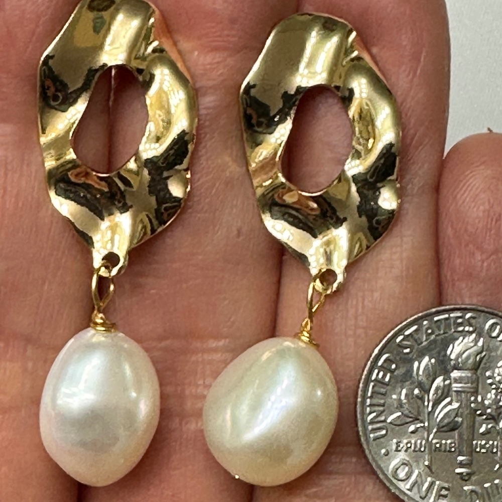 11mm White Baroque Pearls Dangling from 14K Gold Plate Earrings - Picture 4 of 6